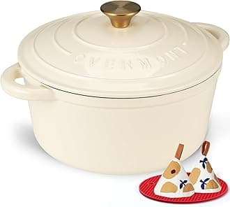 Enameled Cast Iron Dutch Oven - 5.5QT Pot with Lid Cookbook & Cotton Potholders - Heavy-Duty Cookware for Braising, Stews, Roasting, Bread Baking Cream White