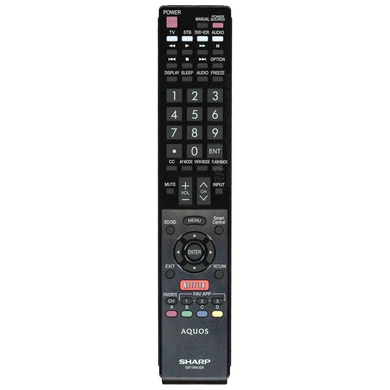 Sharp LED TV Remote Control GB118WJSA Supplied with models: LC-60EQ10 LC-60EQ10U LC-60SQ10 LC-60SQ10U LC-60SQ15 LC-60SQ15U LC-60SQ17 LC-60SQ17U LC-60TQ15 LC-60TQ15U LC-70EQ10 LC-70SQ10 LC-70SQ10U