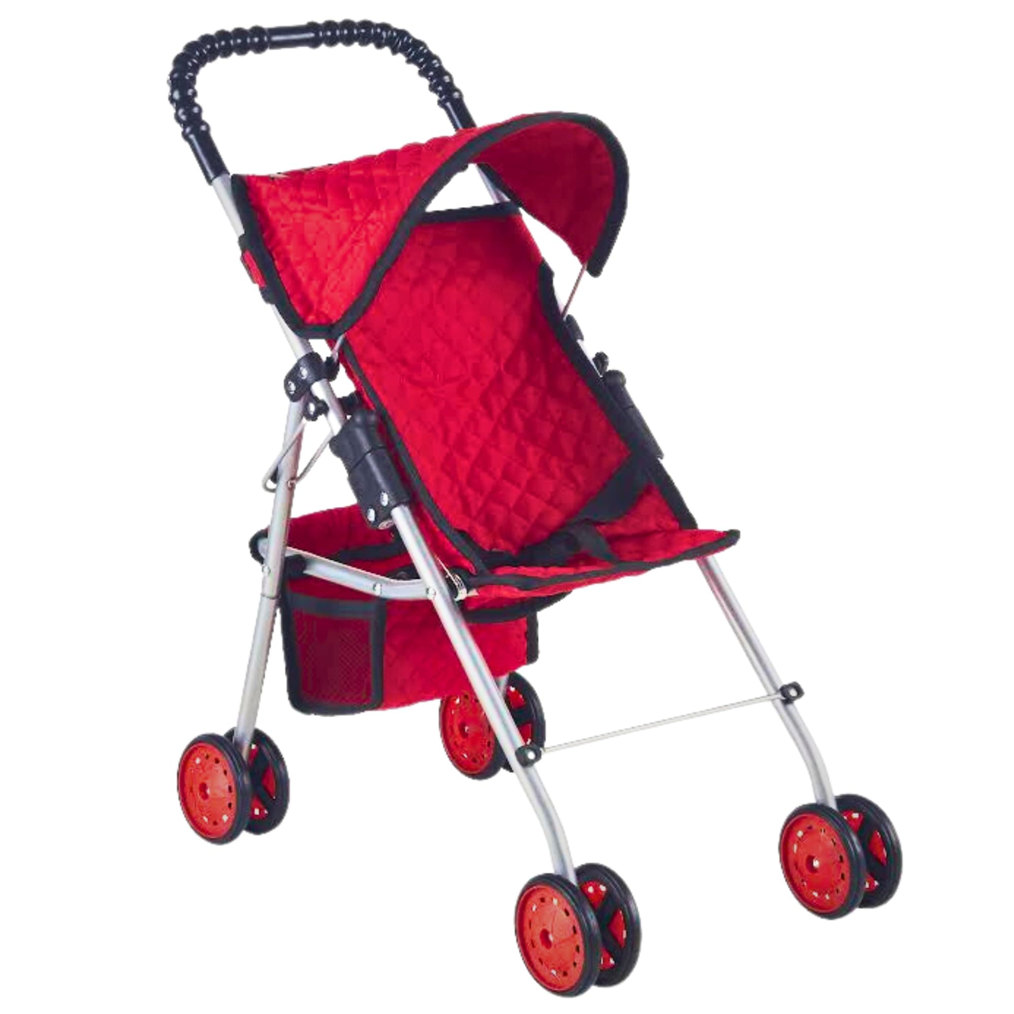 The New York Doll Collection My First Doll Stroller with Basket, Foldable Doll Stroller (Red Quilted)