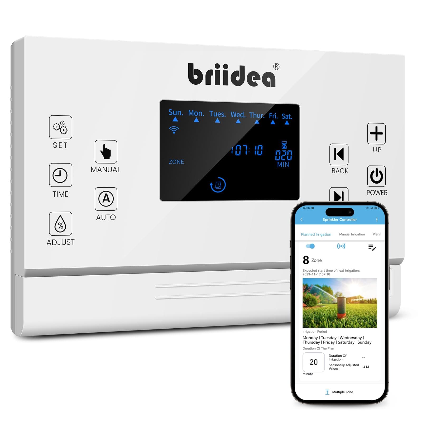 8 Zones WiFi Smart Sprinkler Controller, Automatic Irrigation Controllers with Customized Watering Schedule & Seasonal Adjustment, Water Efficiently and Keep Your Plants Healthy