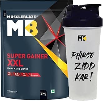 MuscleBlaze Super Gainer XXL, For Muscle Mass Gain (Chocolate, 3 kg / 6.6 lb, 30 Servings) with Shaker, 650 ml (Combo Pack)