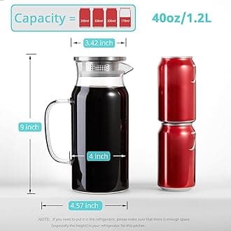 Bivvclaz 40 oz Glass Pitcher with Lid and Spout, Clear Modern Round Pitcher for Fridge, Hot/Cold Beverages, Spill-Proof