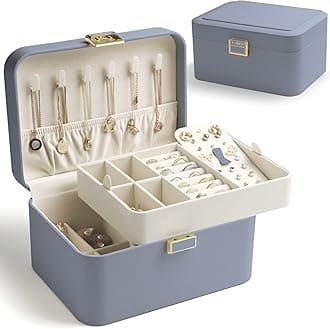 KAMIERKAMIER Jewelry Box for Women, 2-Layer Jewelry Organizer with Luxury PU Leather & Soft Velvet Lining, Ideal for Earrings, Bracelets, Rings, and Necklaces, Gift-Ready Packaging, Bluish Grey