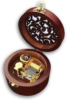 BinkeGG Play (Once Upon a December) Brown Wooden Circular Hollow Out Music Box with Sankyo Musical Movement (65 Tunes Option)