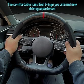 Carodi Suede Carbon Fiber Steering Wheel Cover Non-Slip Leather Interior Fitting 15-Inch Universal (D-Shape, Black Suede with Carbon Fiber)