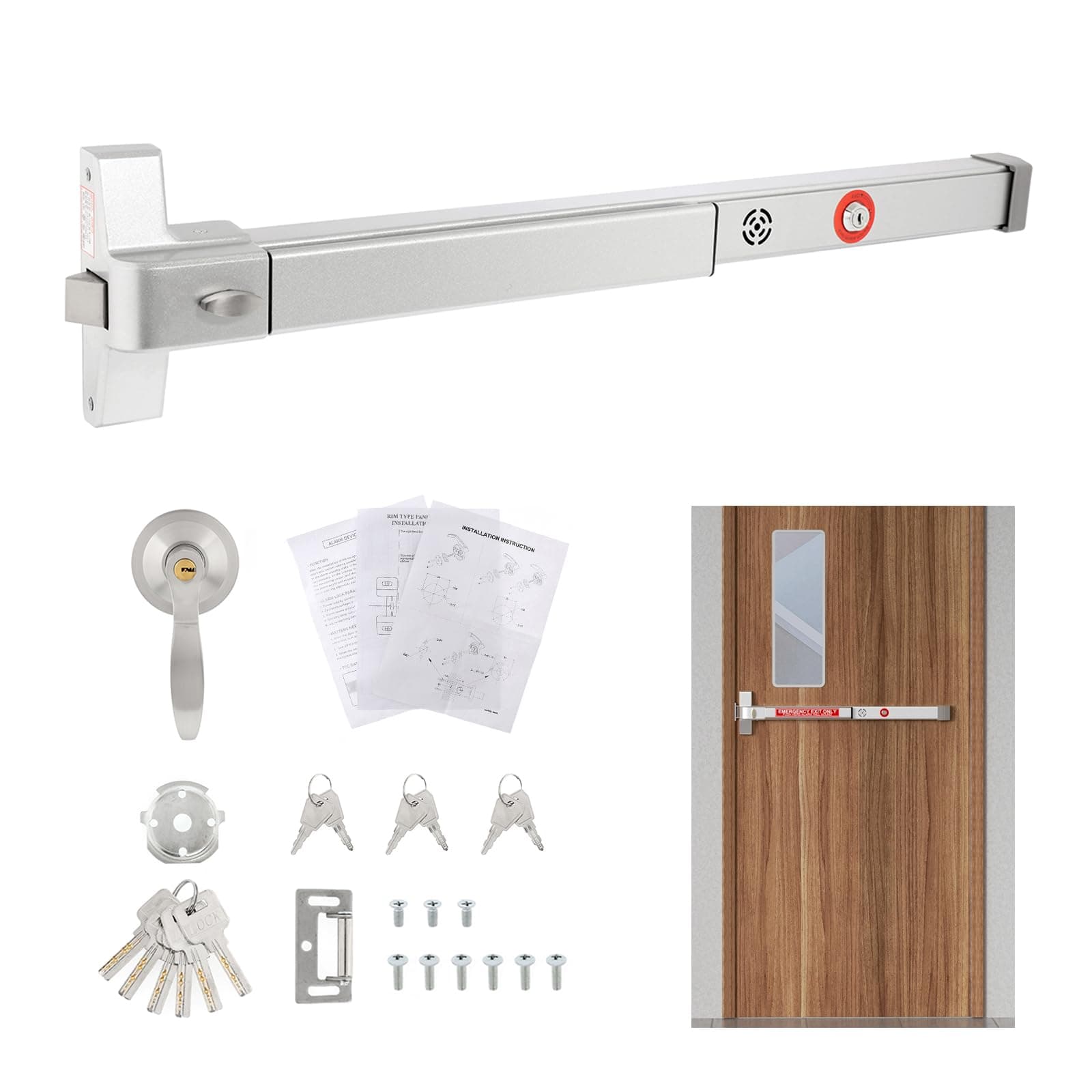 BEAMNOVA Panic Bar with Alarm for Exit Doors with Keyed Entry + External Handle Lock with 6 Matched Keys Exit Device Push Bar Panic Exit Device Lock Key Security Bar Emergency Door Lock