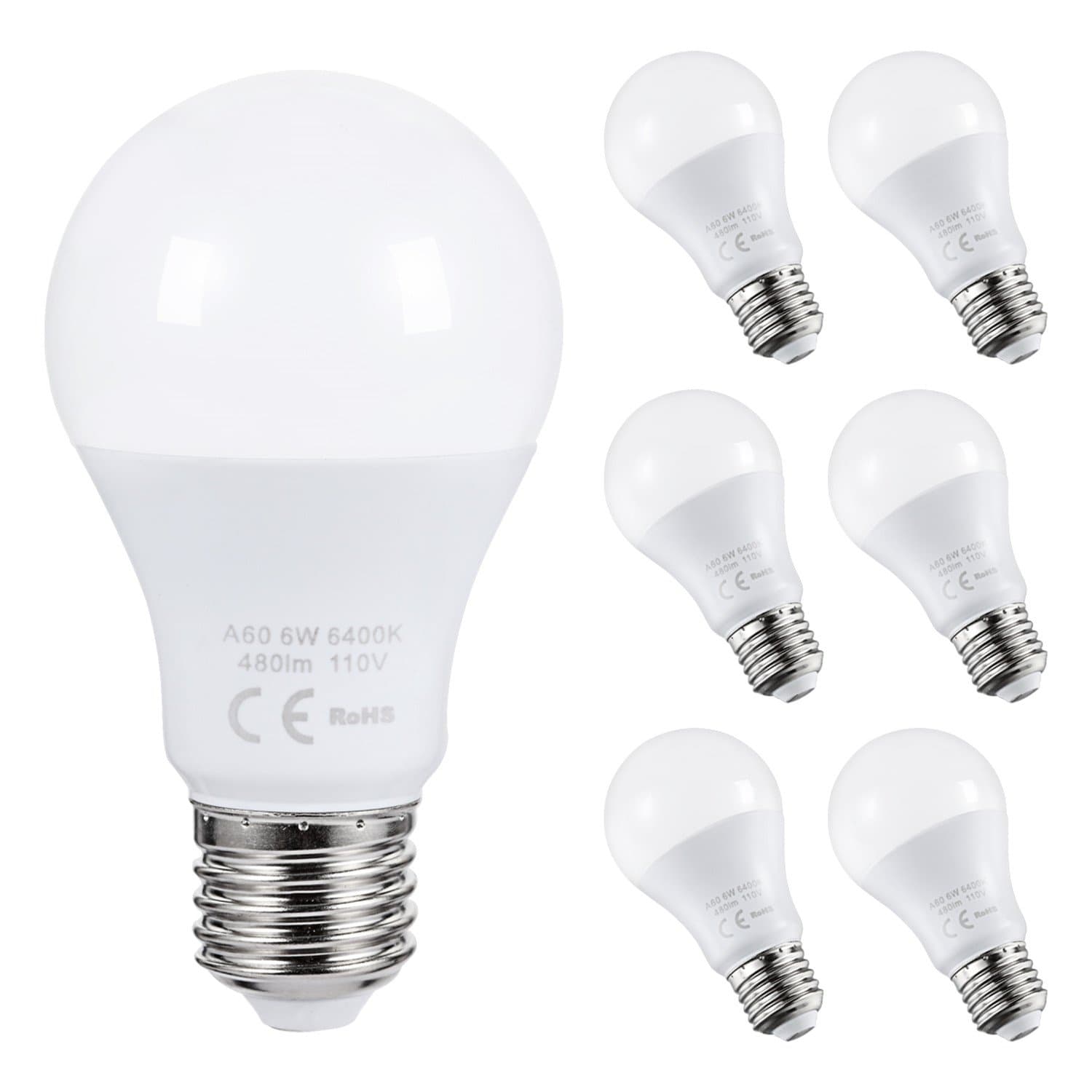 6 Pack Daylight LED Bulbs A19 LED Light Bulbs 60W Equivalent Medium Edison Screw Base E26 Bulb Non-Dimmable 6W 480lm 6400K for Home Ceiling Fan, Office, Living Room