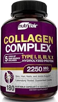 Multi Collagen Peptides 2250mg - Type I, II, III, V, X - Collagen Supplements Complex Powder Pills for Women and Men - Hydrolyzed Protein, Healthy Hair, Skin, Nails - Non-GMO (180 Capsules)