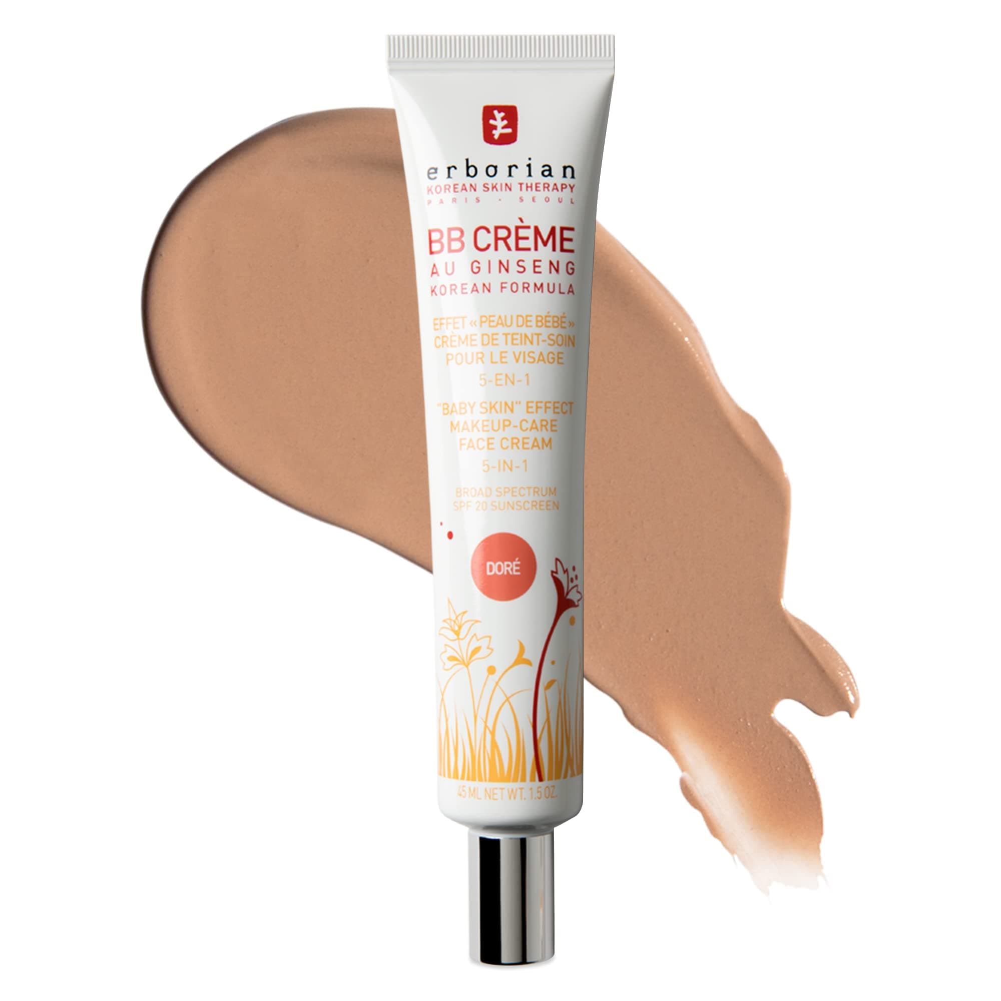 Erborian BB Cream with Ginseng, Tan (Dore) - Lightweight Buildable Coverage with SPF & Ultra-Soft Matte Finish Minimizes Pores, Blemishes & Imperfections - Korean Face Makeup & Skincare - 1.5 Oz