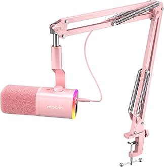 MAONO Dynamic Microphone with Software: USB XLR Podcast Computer Microphone with Boom arm - RGB PC for Gamer - Podcast Microphone for Streaming Recording Studio YouTube Online Chat (PD100XS Pink)
