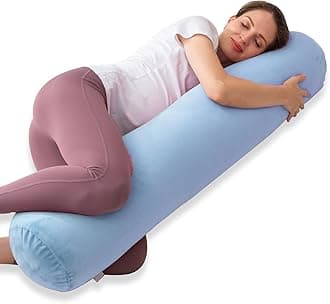 Bolster Pillow for Bed, Long Round Body Pillow for Adults with Removable Velvet Cover, Decorative Tube Roll Cylinder Pillow, 47 x 7.87 Inch, Light Blue