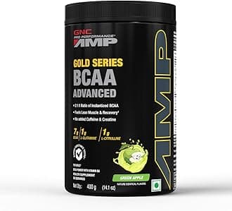 GNC AMP Gold Series BCAA Advanced | 400 gm | 30 Servings | Fastest Muscle Recovery | Maximized Workout Performance | Formulated In USA | 7g BCAA | 1g L-Glutamine | 1g L-Citrulline | Green Apple