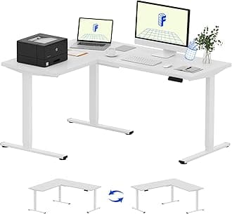 FLEXISPOT L Shaped Standing Desk, 63 x 47 Inch Electric Height Adjustable Corner Desk, Sit Stand Computer Workstation, Preset Controller, Home Office, White Frame with White Top