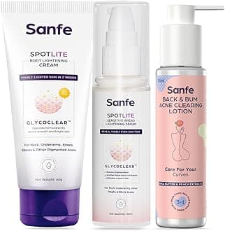 Sanfe Body Acne & Depigmentation Kit | 6 In 1 Glo Boost Cream | 3 In 1 Privy Lightening Serum | Acne Clearing Lotion | Glowing Body Skin & Sensitive Areas | Anti-acne Formula