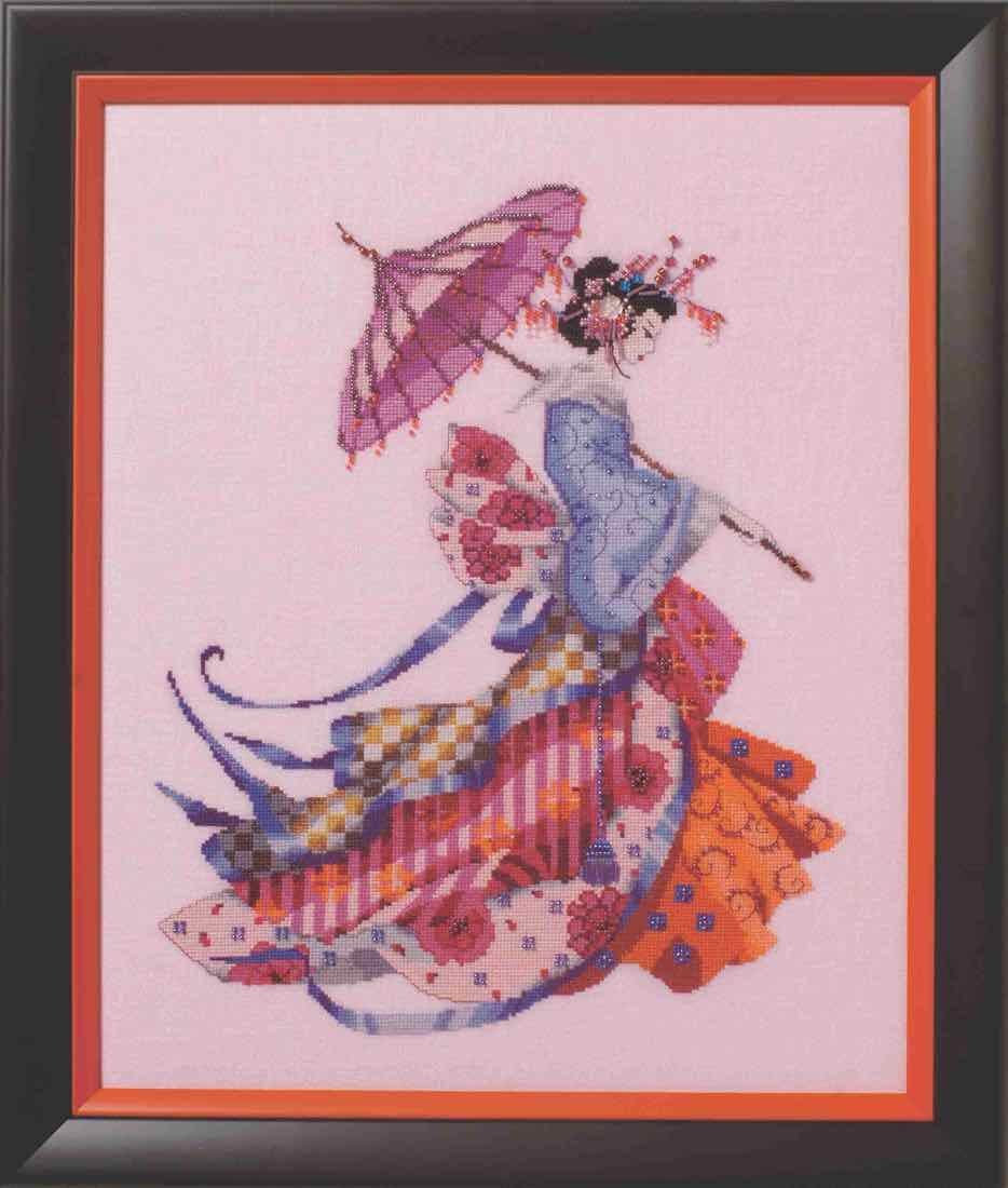 Miss Cherry Blossom LINEN Kit Beaded Counted Cross Stitch by Nora Corbett Mirabilia Designs MD153 (Bundle: Chart, Fabric, Beads, Braid)