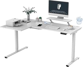 FLEXISPOT L Shaped Standing Desk Electric Corner Gaming Table with Monitor Shelf, Dual Motors, USB Charging Port, Adjustable Computer Workstation for Home, Office, Gamer, Studio, 63x40in White