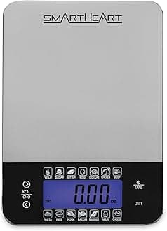 SmartHeart Digital Kitchen Food Scale with Calorie & Carb Calculator | Stainless Steel | Tare Function | Unit Conversions: oz/lbs/g/ml | 14 Pre-Set Foods | Large Backlit LCD Display