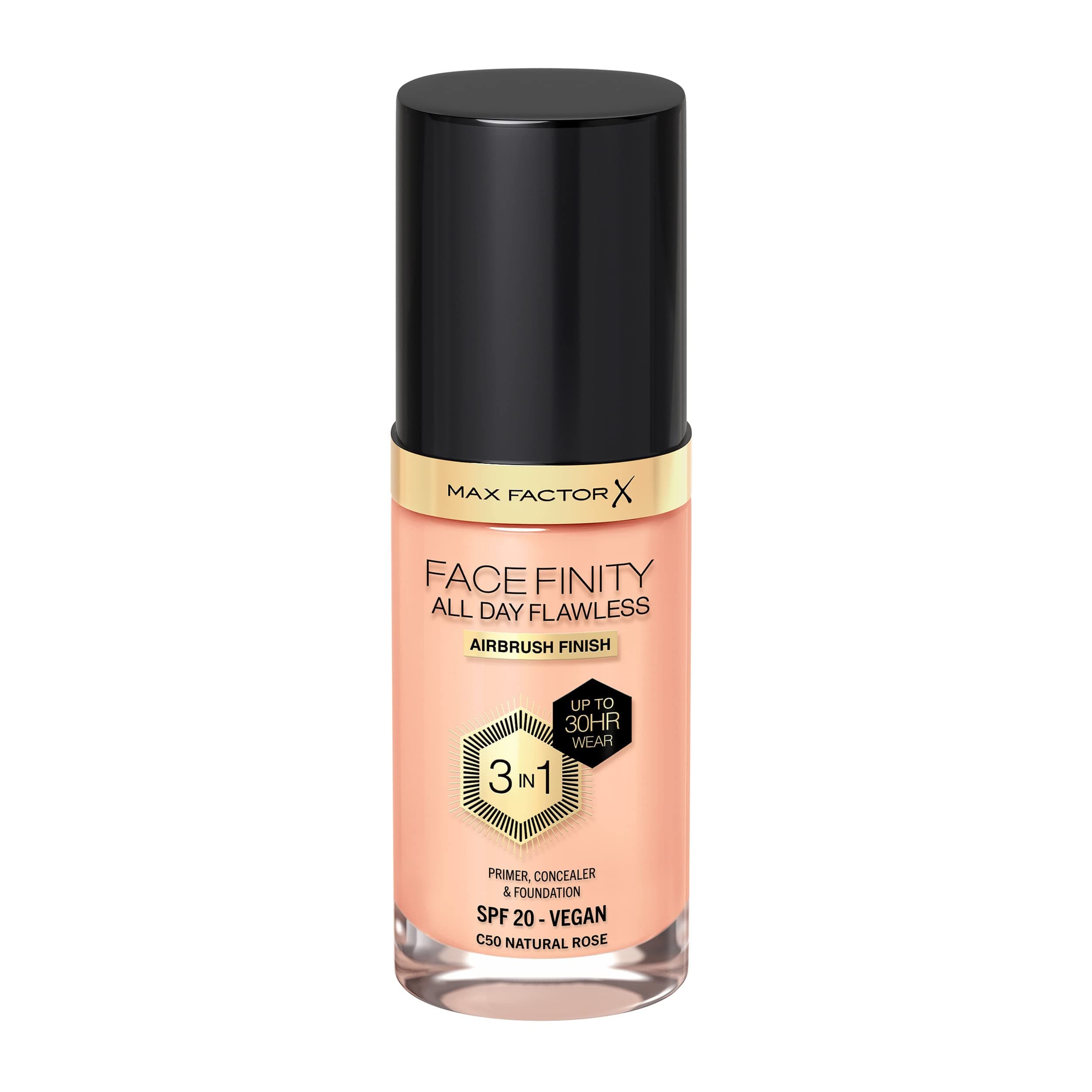 MAX FACTOR - Facefinity All Day Flawless Foundation - 3-in-1 Concealer, Liquid Foundation & Face Primer - Up To 30hr Wear - Flawless Airbrush Finish, SPF 20, Vegan - C50 Natural Rose - 30ml