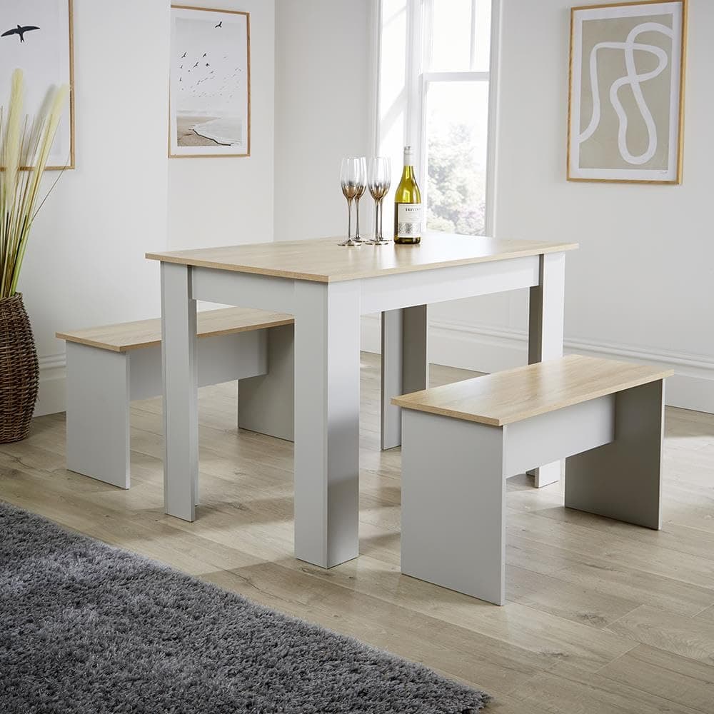Home Source Kitchen Dining Table, 2 Benches to Seat 4, Oak Effect Top, Grey