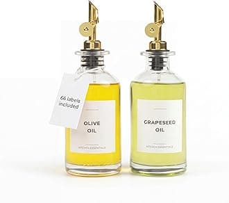 Olive Oil Dispenser Bottle - Includes 55 Kitchen Essential Labels - Cooking Oil Bottles for Kitchen, Coffee Syrup Dispenser - Pourer Spout with 11.8 fl oz Glass Container Cruet - 2pcs, Gold