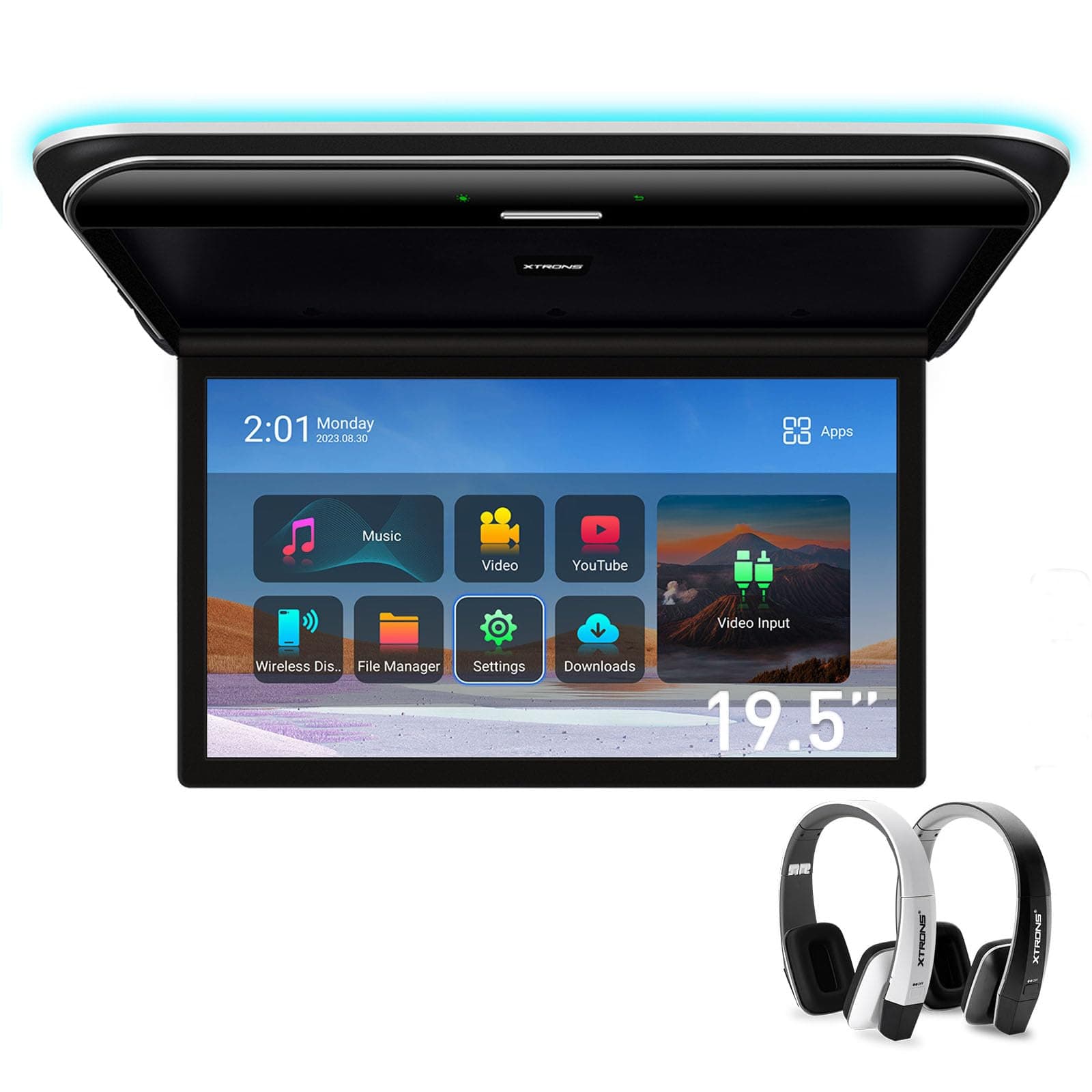 XTRONS Android Car Overhead Player 19.5 Inch Wide IPS Screen 8K Video Car Roof Mount Monitor Built-in Stereo Speakers Flip Down Overhead Car Monitor Support HDMI, USB, 2 IR Headphones Included (B & W)