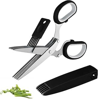 Joyoldelf Gourmet Herb Scissors Set - Master Culinary Multipurpose Cutting Shears with Stainless Steel 5 Blades, Safety Cover and Cleaning Comb for Cutting Cilantro Onion Salad (Black)
