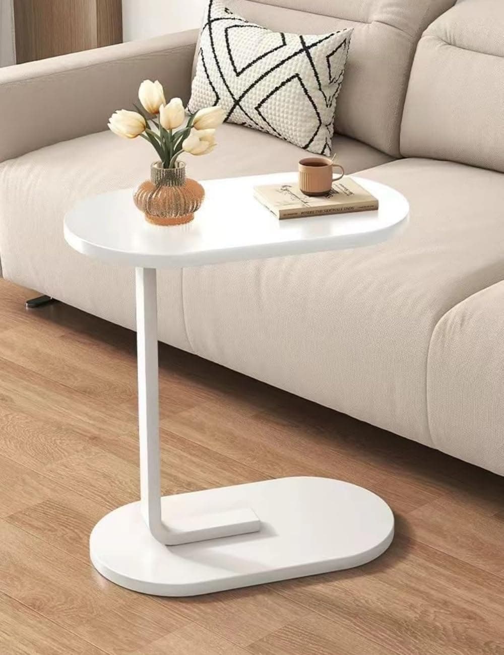 ORCHID M® C-Shaped End Table, Small Side Table for Couch, Sofa table, Perfect Snack Table with Metal Frame for Bedroom, Living Room & Small Spaces, Overbed Tables (White)