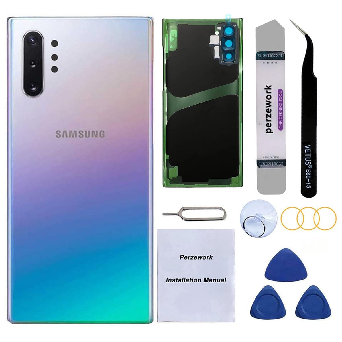 Rear Back Glass Replacement for Samsung Galaxy Note 10 Plus with Reparing Toolkit and Pre-Installed A-dhesive (Aura Glow)