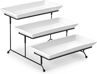 MALACASA 3 Tier Serving Platter, 12 Inch Porcelain Cake Stand with Black Mental Display Stand for Party Supplies, Ceramics Rectangular Serving Dishes for Dessert, Fruit, Cookies, Sushi, White
