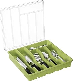 Lifewit Silverware Organizer with Lid, Covered Utensil Tray for Kitchen Drawer and Countertop, Plastic Cutlery and Flatware Storage Box for Spoons Forks Knives Holder Case, 6 Compartments, Green