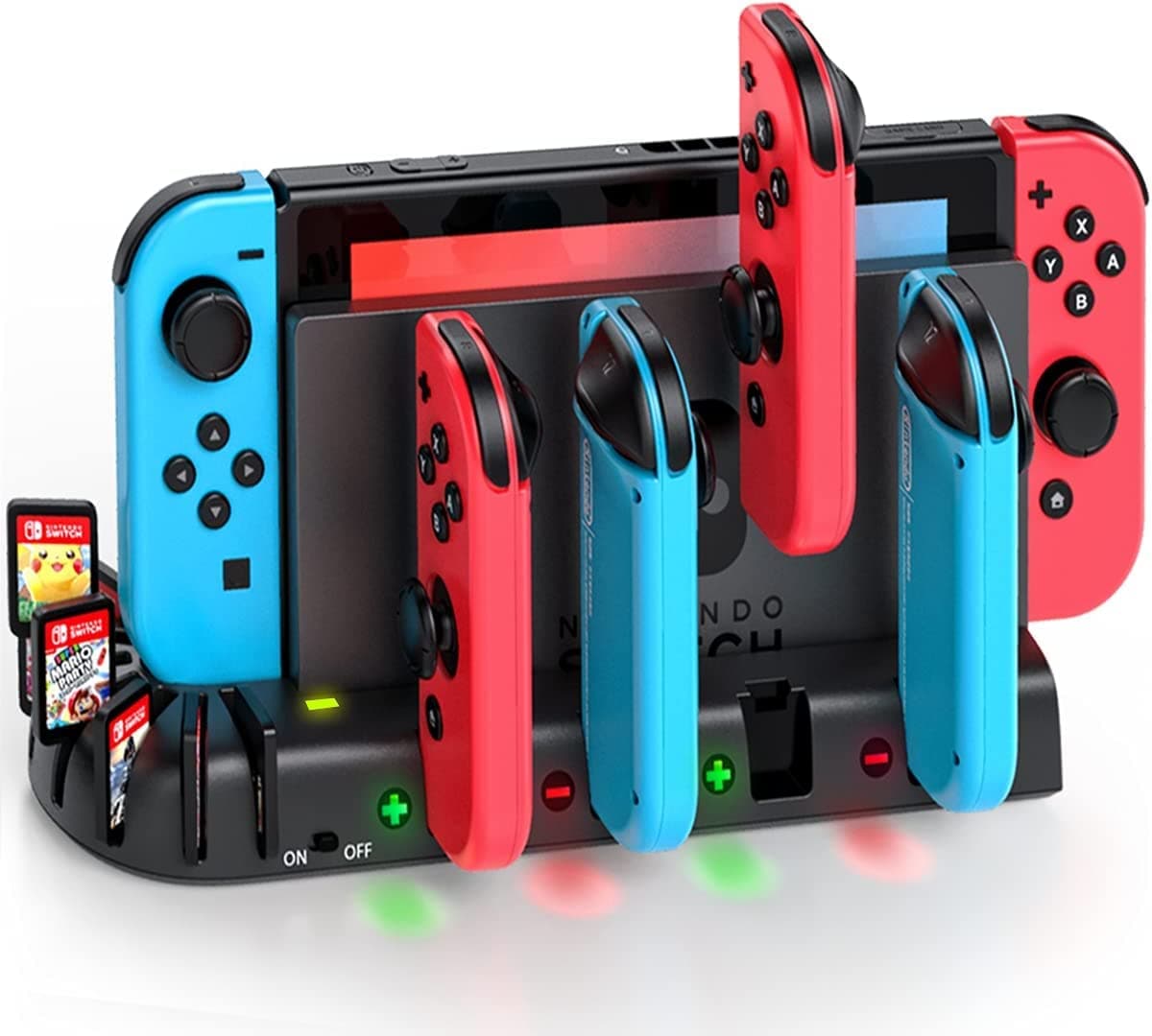 Switch/Switch OLED Organic EL Joy-Con Charging Stand Integrated with Switch Dock KDD Joy-Con 4-Slot Fast Charger with LED Indicator Light Game Card Storage (Not Compatible with Joy-Con 2)