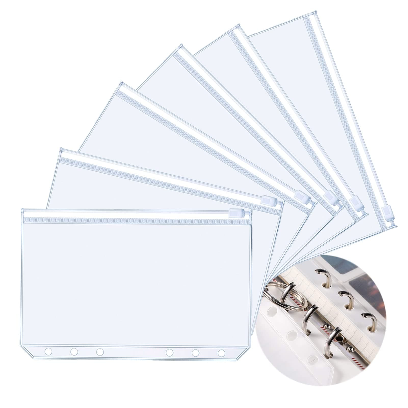 6 Pcs A6 Plastic Zipper Budget Binder Pockets,A6 Size 6Hole Plastic Binder Zipper Folders Waterproof Loose Leaf Bags Notebook Documents,Photo,Bills Organizer Money Cash Envelope Punch Wallet Organiser