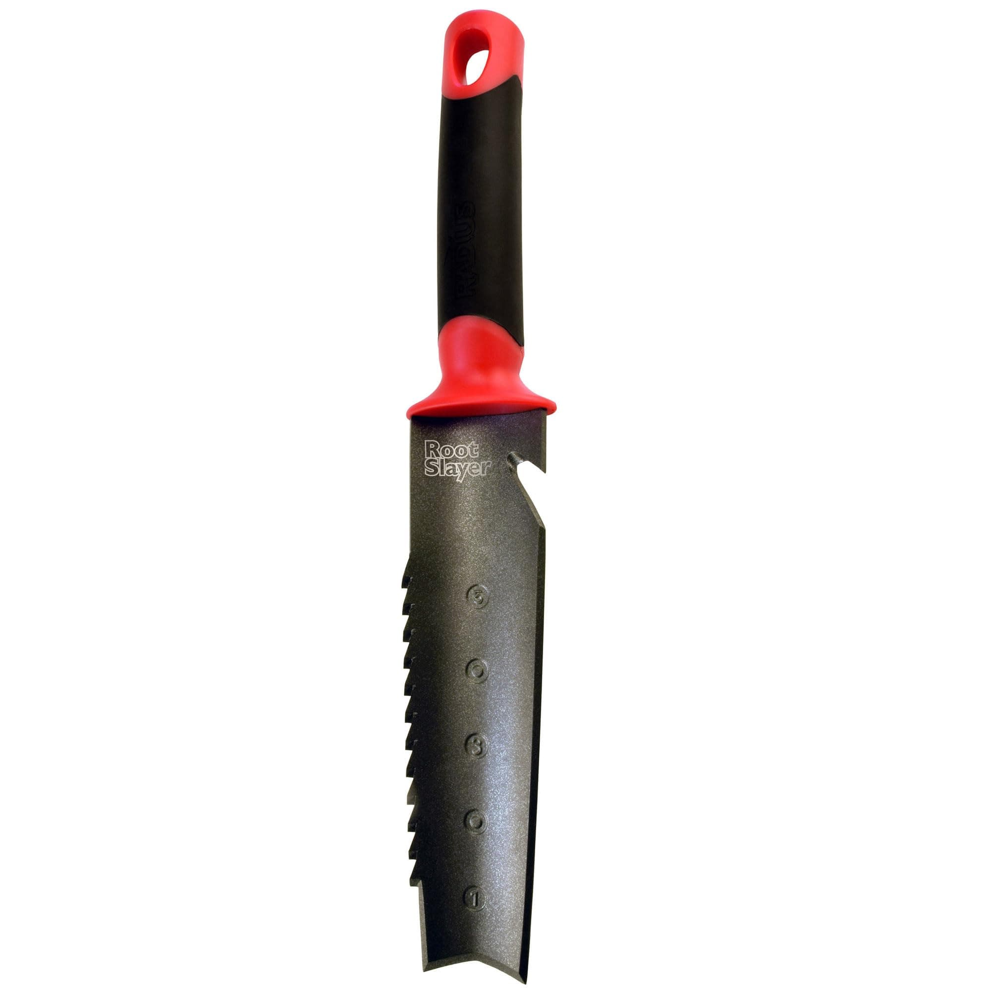 Root Slayer 17211 Garden Soil Knife with Holster for Digging, Weeding, and Root Cutting, Serrated Steel Blade, Red