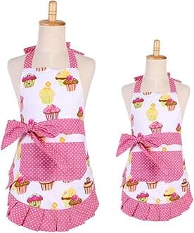 Apron for Women with Pockets, Extra Long Ties Cotton Apron Perfect for Kitchen Cooking, Baking and Gardening (Mama and Me Set)