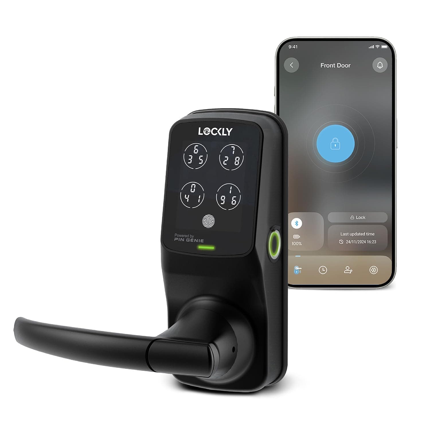 Lockly Secure Plus Bluetooth Smart Door Lock, Keyless Entry with PIN Genie® Digital Keypad, 3D Biometric Fingerprint Sensor Front Door Lock with Handle, Voice Control & Auto Lock - Latch Edition
