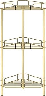 3 Tier Floor Standing Corner Shower Caddy Organizer Shelf with Hooks, Bathroom Shelves Stand Rack, Gold
