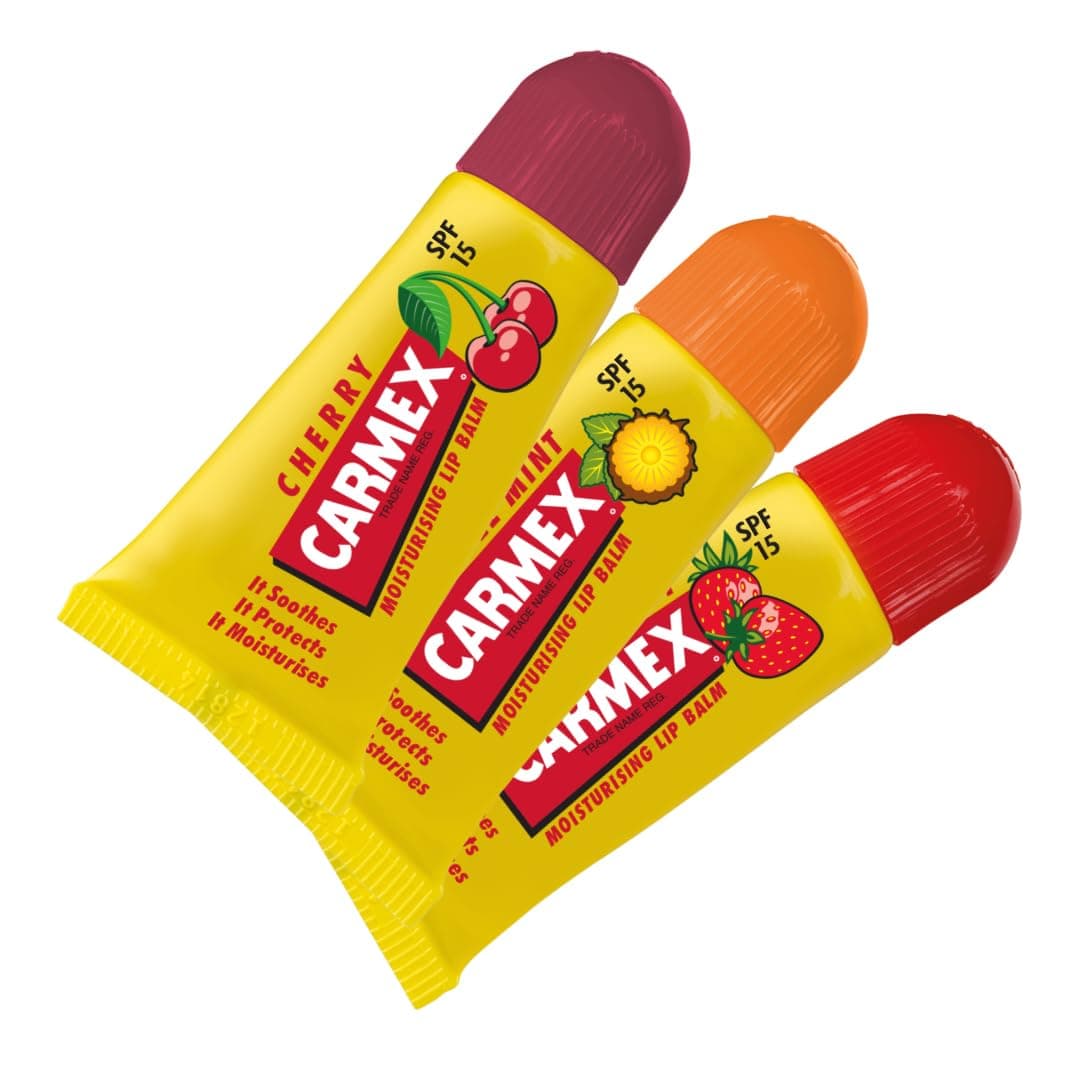 Carmex Minis Lip Balm Tube Set Cherry, Strawberry & Pineapple Mint Multipack With SPF 15 For Sun Protection Hydrating Lip Care with Cooling Relief for Hot Sunny Days (Pack Of 3)