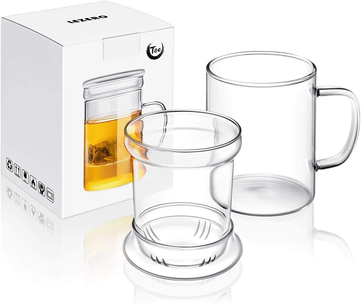 Lezero 14oz Tea Infuser Cups Kit for Loose Leaf-Tea Blooming, Glass Mug with Filter and Lid for Steeping Brewing, Heat Resistance, Lead-free, Microwave & Dishwasher Safe