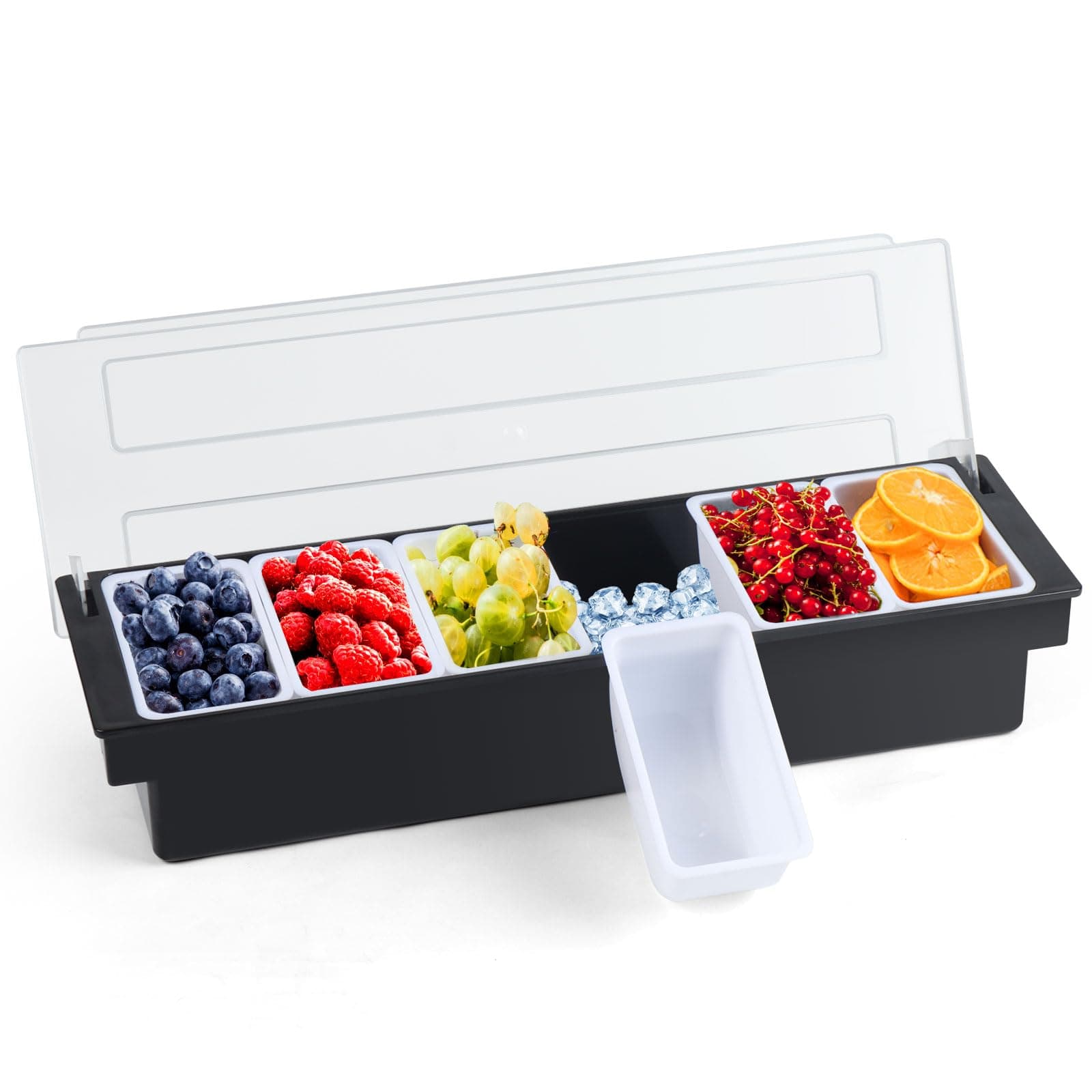 Ice Cooled Condiment Serving Container, Versatile 6-Compartment Fruit Caddy with Lid - Bar Garnish Tray and Condiment Server with Ice Tray for Restaurant Supplies