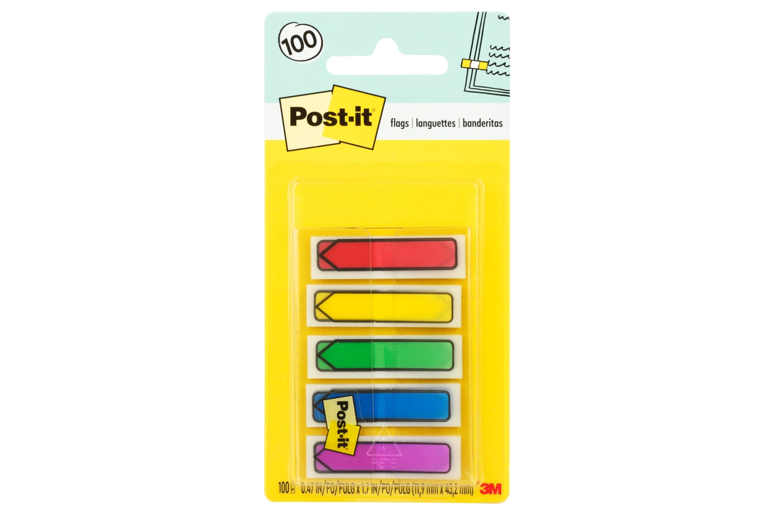Arrow Flags, 0.47 in. x 1.7 in., One Dispenser With 100 -Count Assorted Primary Colors Sticky Tabs Per Dispenser, Removable Page Markers for Planners, Journals, and Calendars (100 Flags Total)
