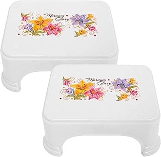 Kuber Industries Floral Print 2 Pieces Plastic Bathroom Stool, Adults Simple Style Stool Anti-Slip with Strong Bearing Stool for Home, Office, Kindergarten, White-KUBMART10871