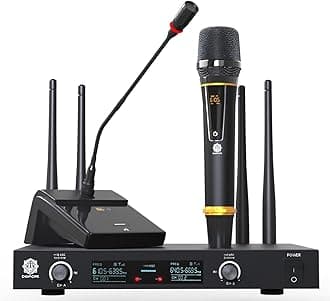 DIGIMOREUHF Wireless Desktop Gooseneck Microphone | 18" Podium Microphone with One Handheld Microphone | 60 Channels | 300 Feet Range | Meetings Video Conferences, Streaming Lectures (D-620)