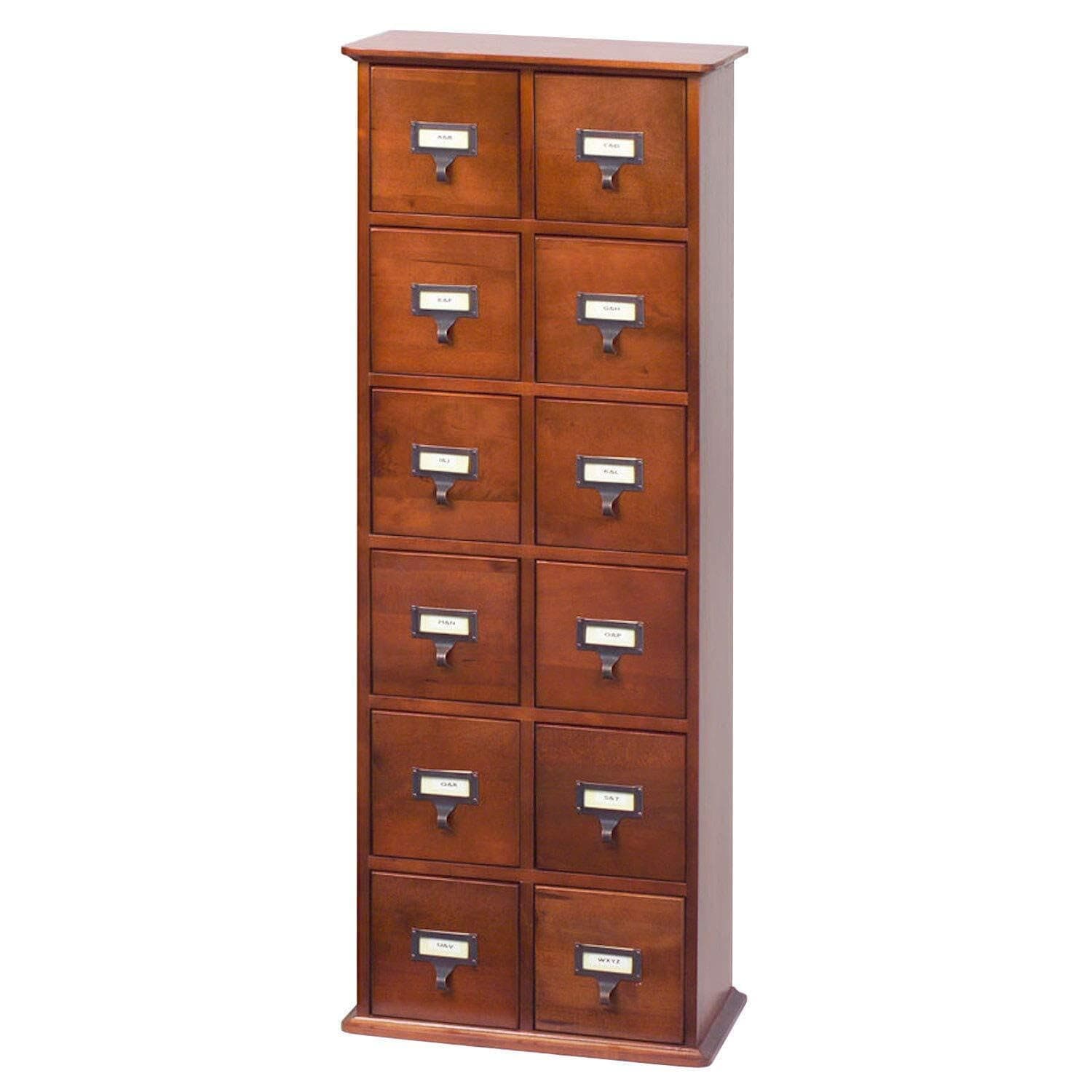 Leslie Dame Solid Oak Library Card File Media Cabinet, 12 Drawers, Walnut