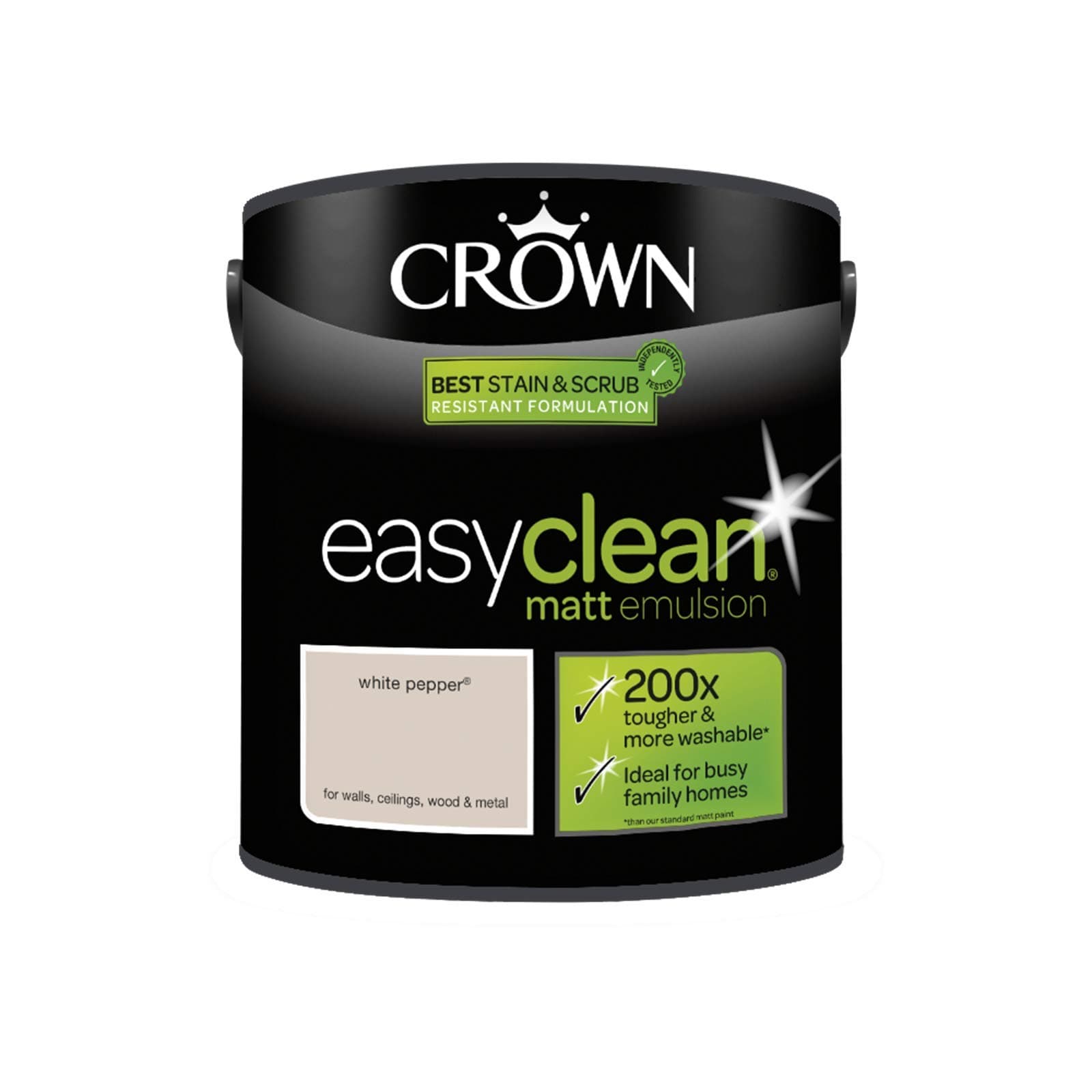2.5L CROWN Easy Clean MATT Emulsion Multi Surface Paint That can be Used on Walls, Ceilings, Wood and Metal. Stain & Scrub Resistant Formula – White Pepper
