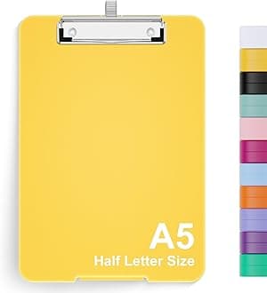 Hongri A5 Clipboard with Storage, Metal Retractable Pen Holder, 6 x 9'' Nursing Plastic Foldable Clip Board, Size 9.4 x 6.1 x 0.9 in, Office Supplies, School Supplies, Menu Box for Work, Yellow
