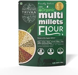 TRIVAA ORGANICS Multi Millet Atta | Blend of Ragi, Jowar, Bajra, Foxtail, Little & Kodo Millet | Gluten-Free | Sugar Control | Low GI | Freshly Milled After Order | No Preservatives | Non GMO | High Protein | High-Fiber & Diabetic-Friendly | 500 gm (500 GM x Pack of 1)