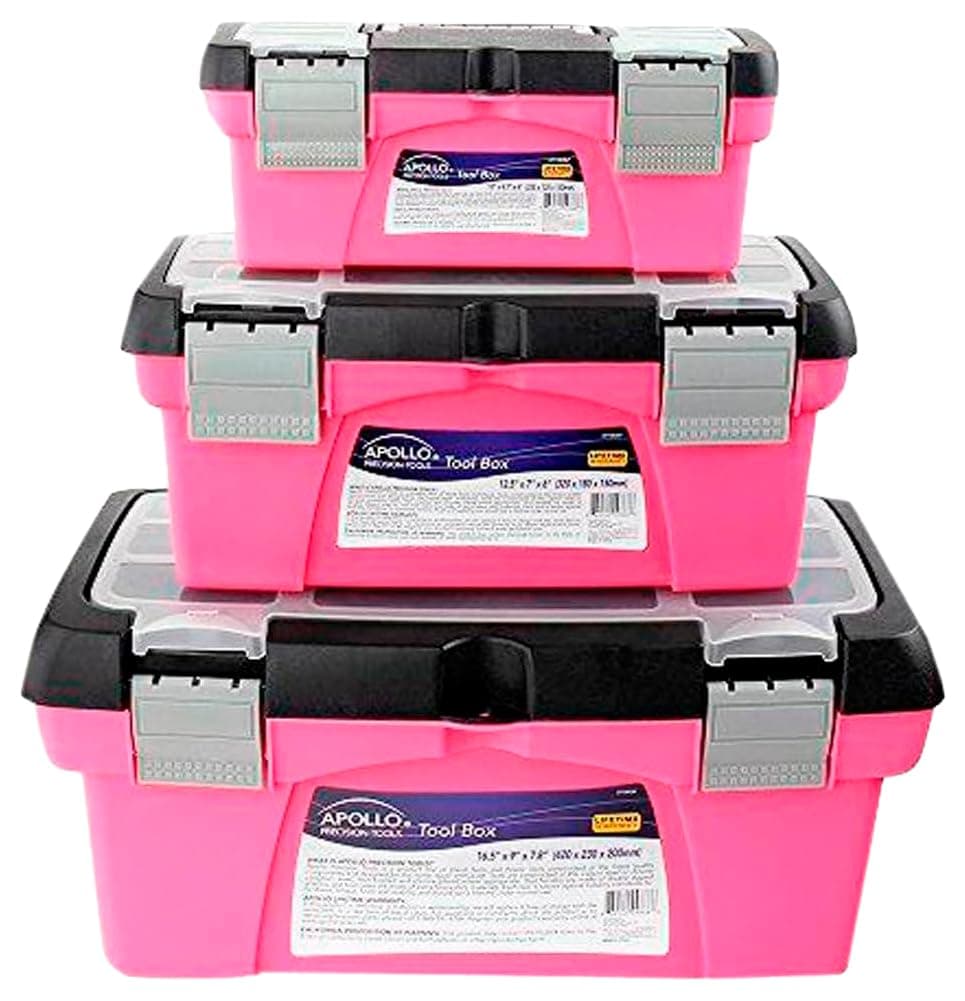 Apollo Tools Set of 3 Pink Stackable Tool Boxes with Top Compartment and Removable Trays for Crafts, Tool Storage - Pink Ribbon - DT5005P