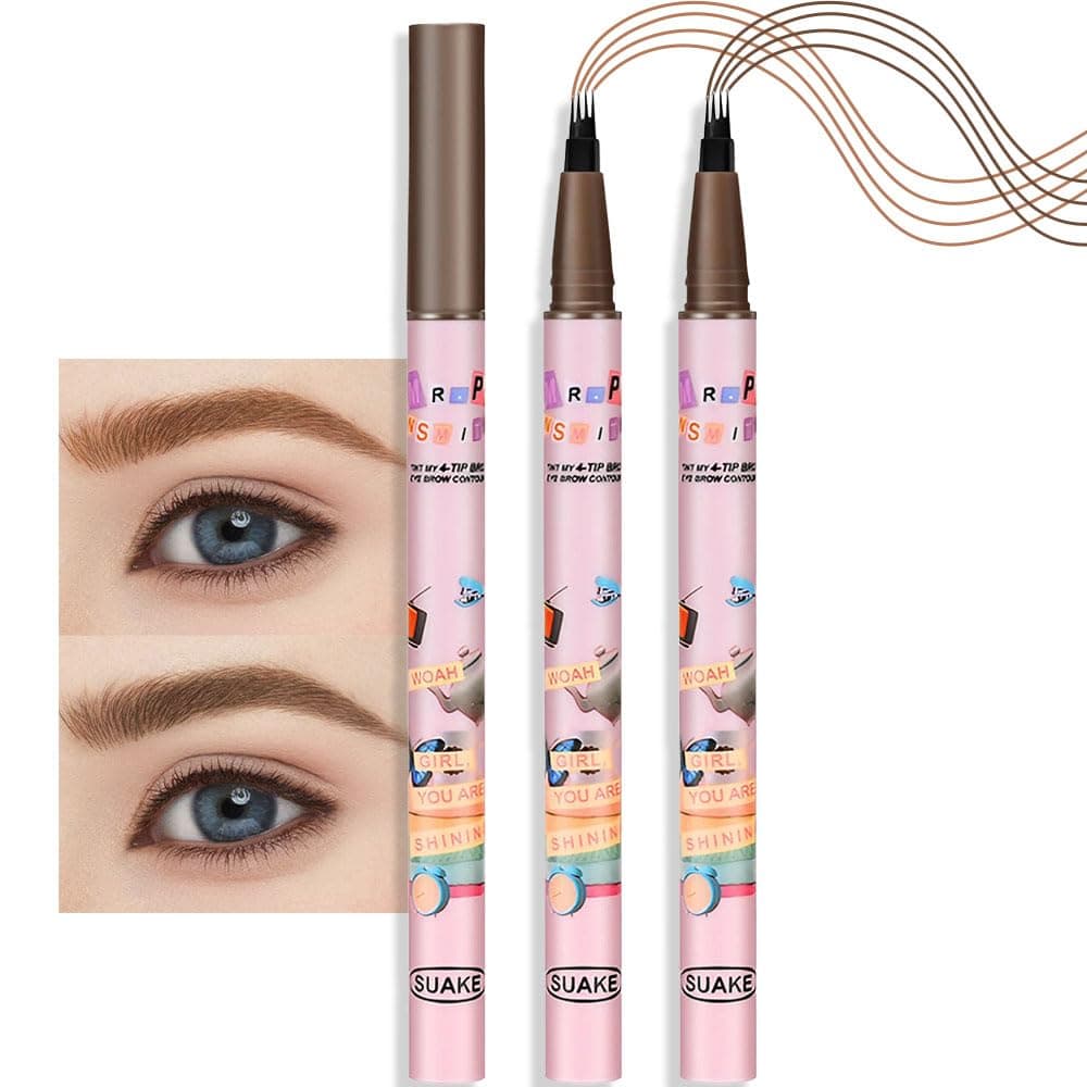 evpct 2Pcs Medium Dark Brown Microblading Eyebrow Contouring Pen Brow Pencil with Hair Like Strokes, 4 Tipped Precise Brow Pencil with Brush Micro-Fork Tips Applicator, Natural Looking Brows