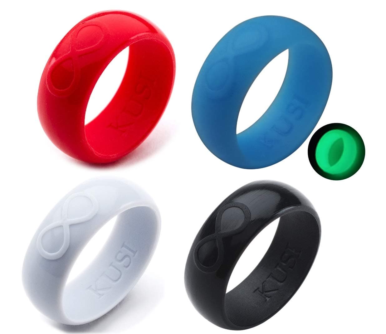 KUSI Silicone Wedding Ring Band for Men Committed to Active Lifestyle, Infinity Bands, Rubber, Comfort Fit, Black, Glow in The Dark and More, Singles and 4 Pack Sets