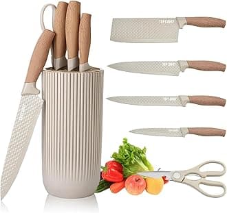 Knife Set, 6 Pieces Professional Kitchen Knife Set with Universal Knife Block, Super Sharp Knife Block Set with Ergonomic Handle Non-stick Stainless Steel Knife Block Set (Khaki)